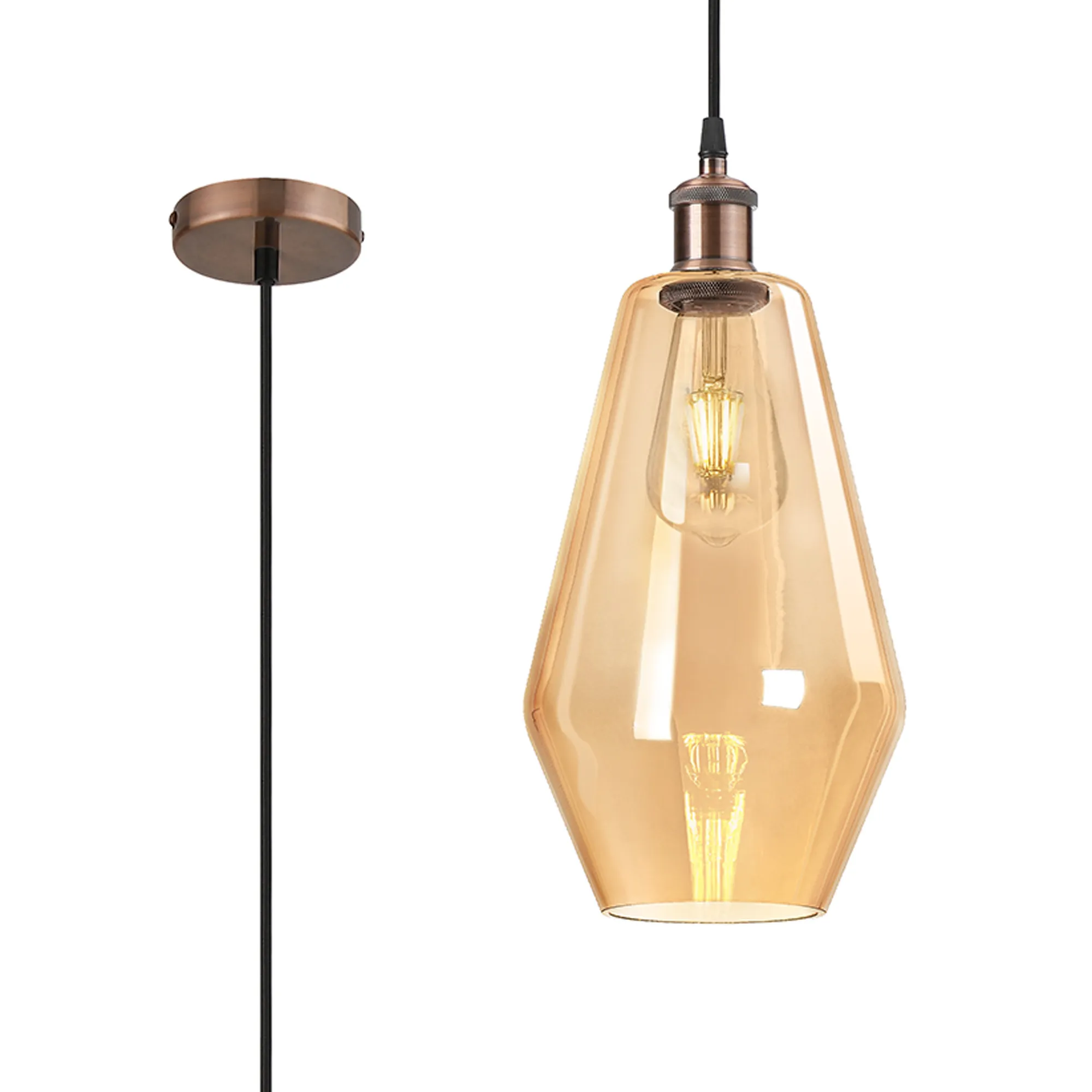 DK1133  Cawdor Single Pendant, 1 Light E27, Antique Copper/Black/Amber Kite Glass